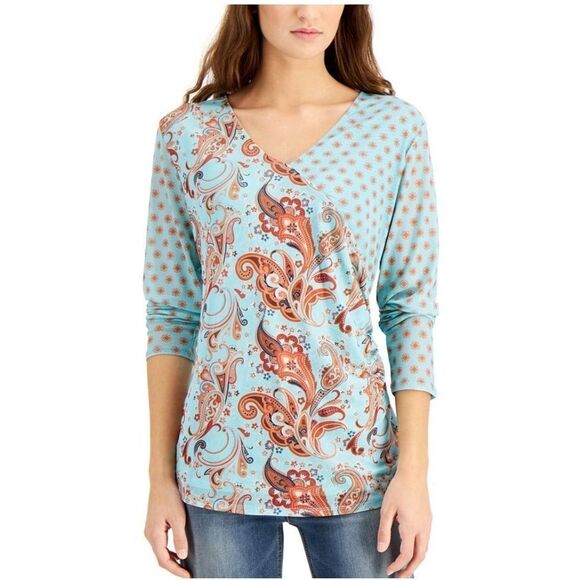 Willow Drive Mesh-Sleeve Wrap Top Aqua Sweater Paisley Geo S - Picture 1 of 2